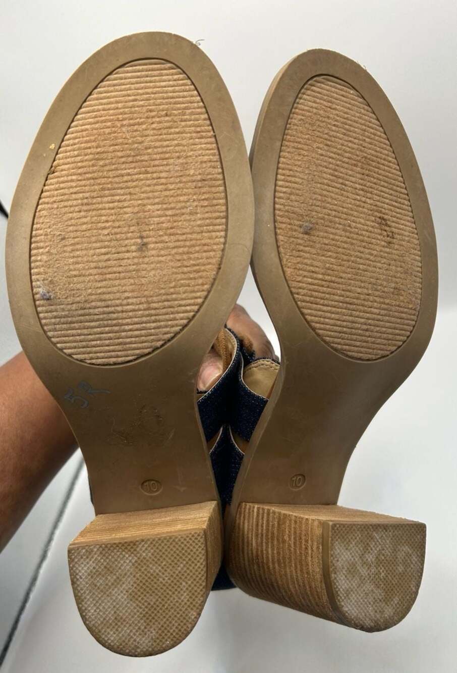 Womens Denim Lace Up Block Heel Sandals Size 10 Brown Strap Casual Summer - Picture 6 of 9